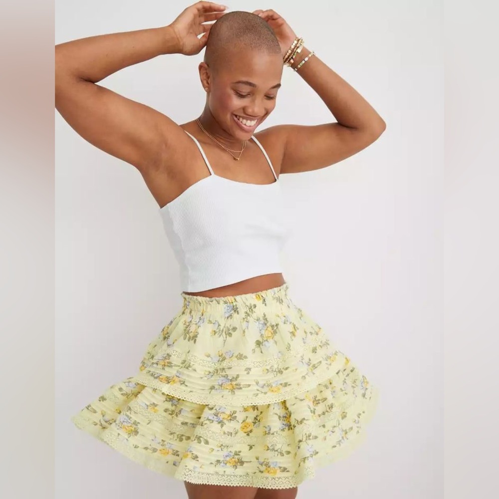 Aerie American Eagle Rock N Ruffle Mini Skirt Size S Yellow Floral Tiered Lace